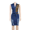 Sexy Hole Single Breasted Leopard Patchwork Denim Women Casual Dresses